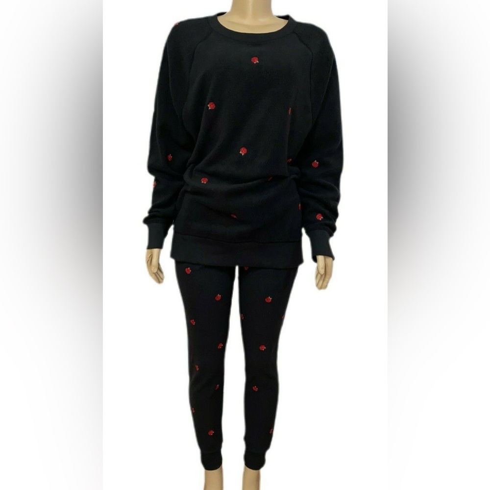 Victorias Secret PINK Set Fleece Sweatshirt & Skinny Jogger XS Black Rose